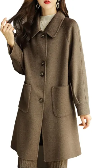 Sexyshine Women's Winter Wool Blend Pea Coat Jackets Single Breasted Lapel Mid-Long Outwear with Pockets