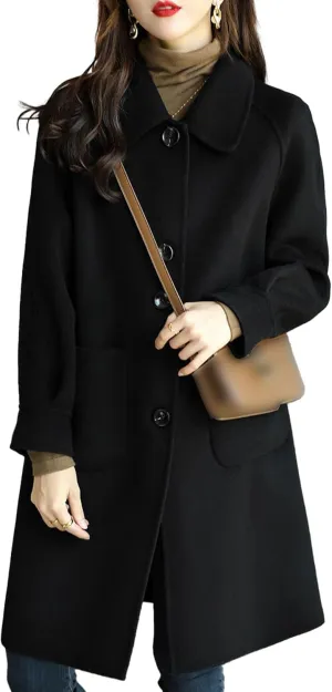 Sexyshine Women's Winter Wool Blend Pea Coat Jackets Single Breasted Lapel Mid-Long Outwear with Pockets