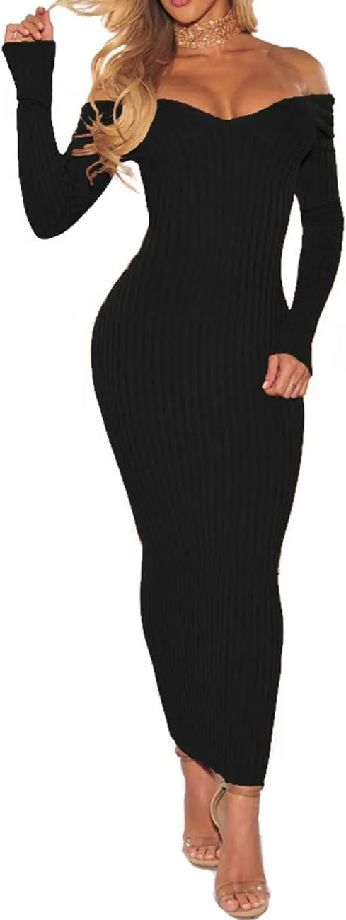 SheKiss Womens Off Shoulder Plus Size Work Business Sweater Dresses Long Sleeves Bodycon Cardigans Outfits