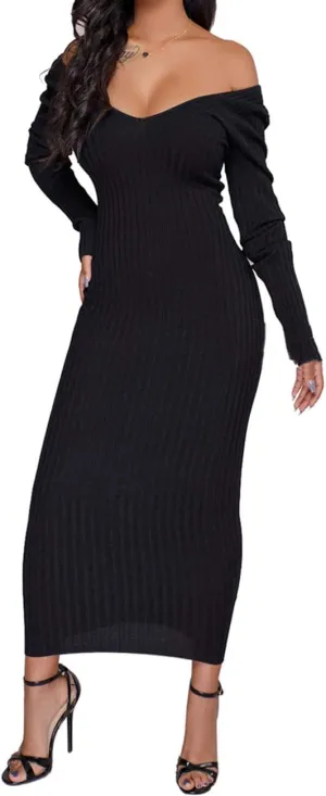 SheKiss Womens Off Shoulder Plus Size Work Business Sweater Dresses Long Sleeves Bodycon Cardigans Outfits