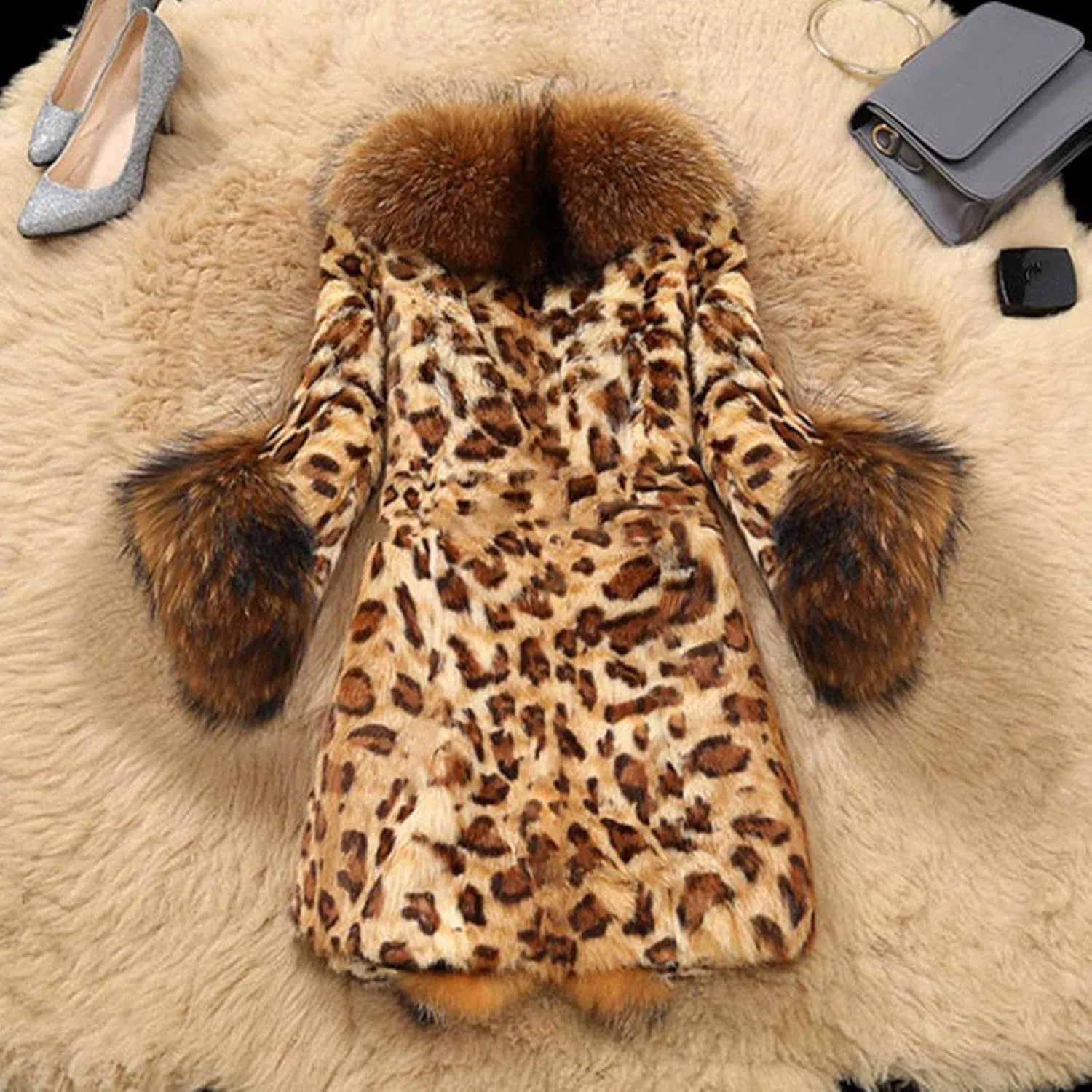 SHOPESSA Womens Winter Fashion Outerwear Faux Fur Plush Leopard Long Mink Coat Fuzzy Sherpa Jacket Wool Fleece Trench Coat