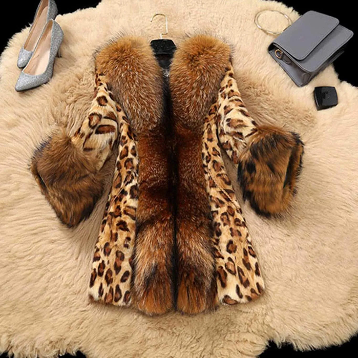 SHOPESSA Womens Winter Fashion Outerwear Faux Fur Plush Leopard Long Mink Coat Fuzzy Sherpa Jacket Wool Fleece Trench Coat