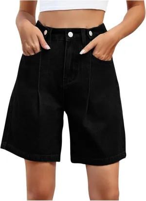 Short Jeans for Womens Casual High Waisted Adjustable Button Up Solid Color Folded Denim Shorts with Pockets