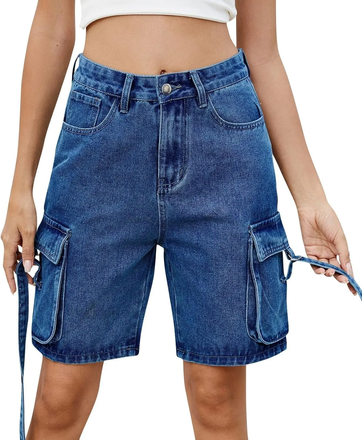 Shorts for Women Summer Casual High Waisted Wide Leg Jean Shorts Trendy Cargo Stretch Long Denim Shorts with 4 Pockets