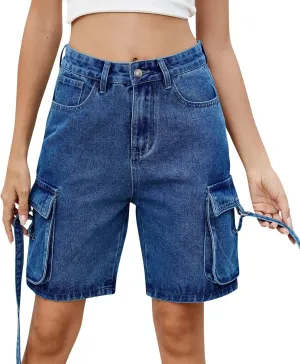 Shorts for Women Summer Casual High Waisted Wide Leg Jean Shorts Trendy Cargo Stretch Long Denim Shorts with 4 Pockets