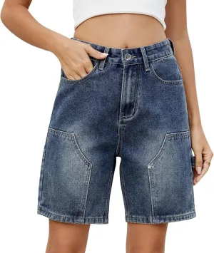 Shorts for Women Summer Casual High Waisted Wide Leg Jean Shorts Trendy Cargo Stretch Long Denim Shorts with 4 Pockets
