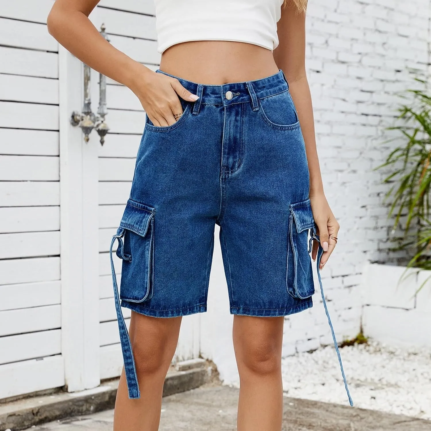 Shorts for Women Summer Casual High Waisted Wide Leg Jean Shorts Trendy Cargo Stretch Long Denim Shorts with 4 Pockets