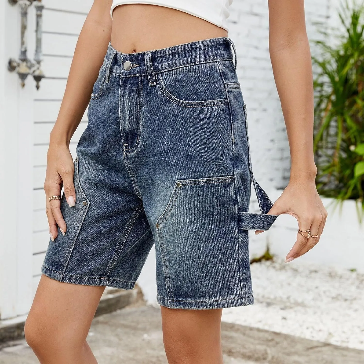 Shorts for Women Summer Casual High Waisted Wide Leg Jean Shorts Trendy Cargo Stretch Long Denim Shorts with 4 Pockets