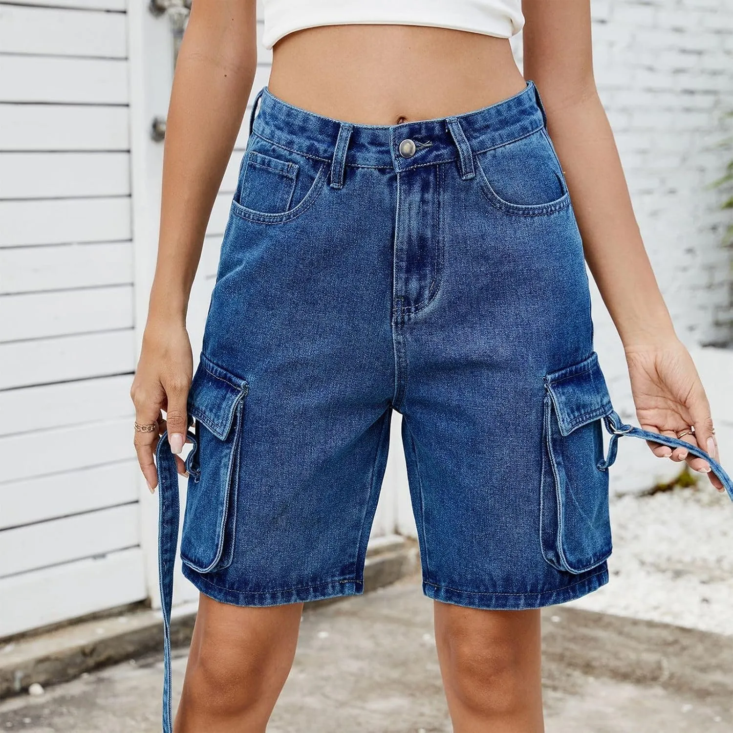 Shorts for Women Summer Casual High Waisted Wide Leg Jean Shorts Trendy Cargo Stretch Long Denim Shorts with 4 Pockets
