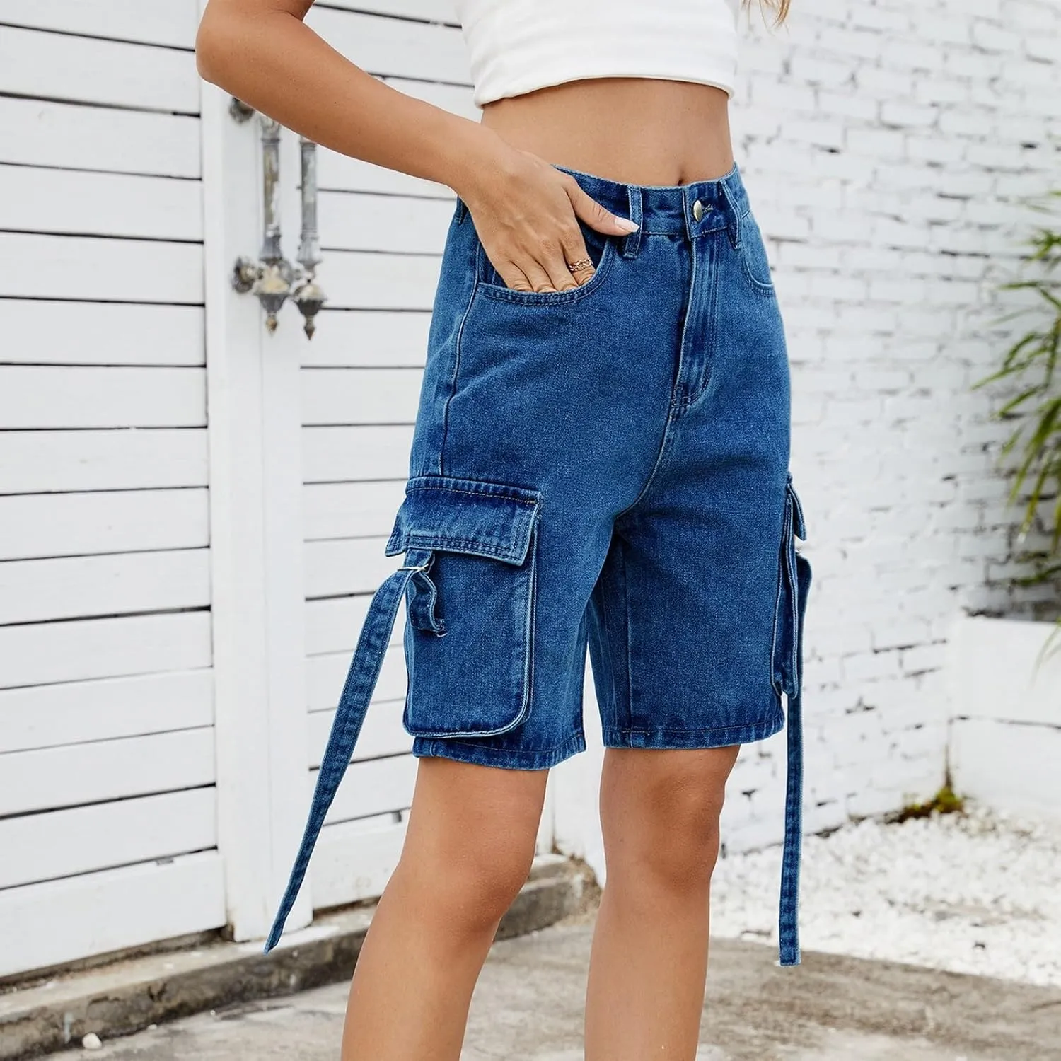 Shorts for Women Summer Casual High Waisted Wide Leg Jean Shorts Trendy Cargo Stretch Long Denim Shorts with 4 Pockets