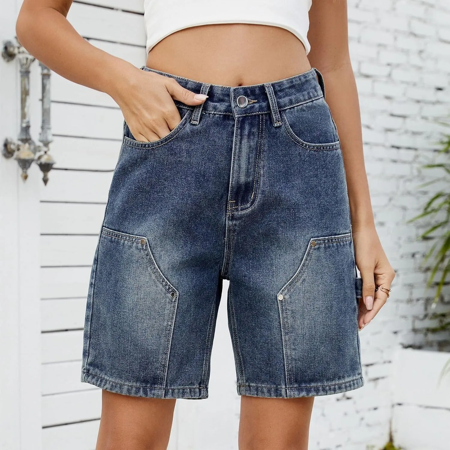 Shorts for Women Summer Casual High Waisted Wide Leg Jean Shorts Trendy Cargo Stretch Long Denim Shorts with 4 Pockets
