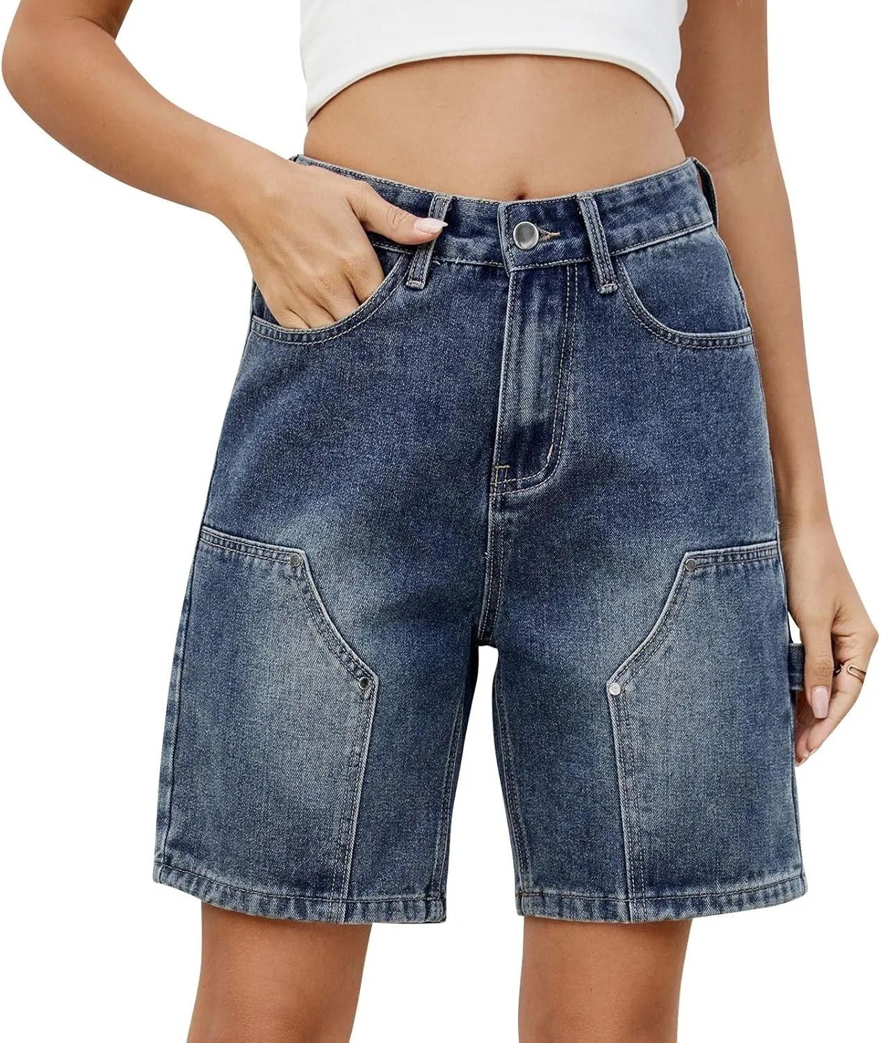 Shorts for Women Summer Casual High Waisted Wide Leg Jean Shorts Trendy Cargo Stretch Long Denim Shorts with 4 Pockets