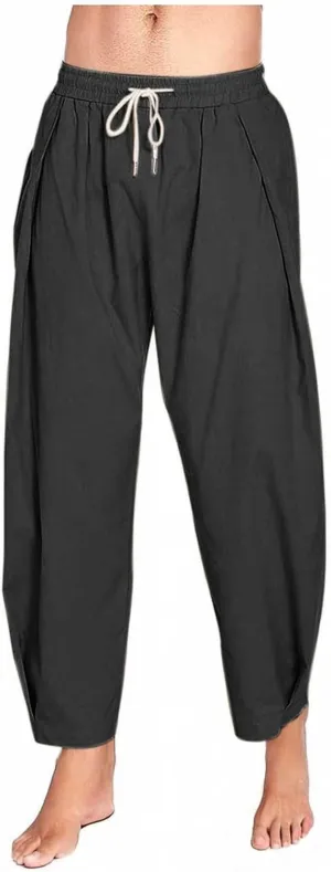 Sinzelimin Men's Linen Capri Pants Fashion Solid Color Cotton Drawstring Elastic Waist Loose Comfy Casual Wide Leg Sweatpant