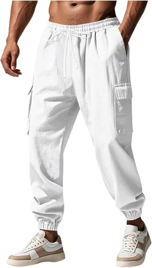 Sinzelimin Men's Linen Cargo Pants Fashion Solid Lace up Elastic Waist Multiple Pockets Wide Leg Sweatpant Versatile Trouser