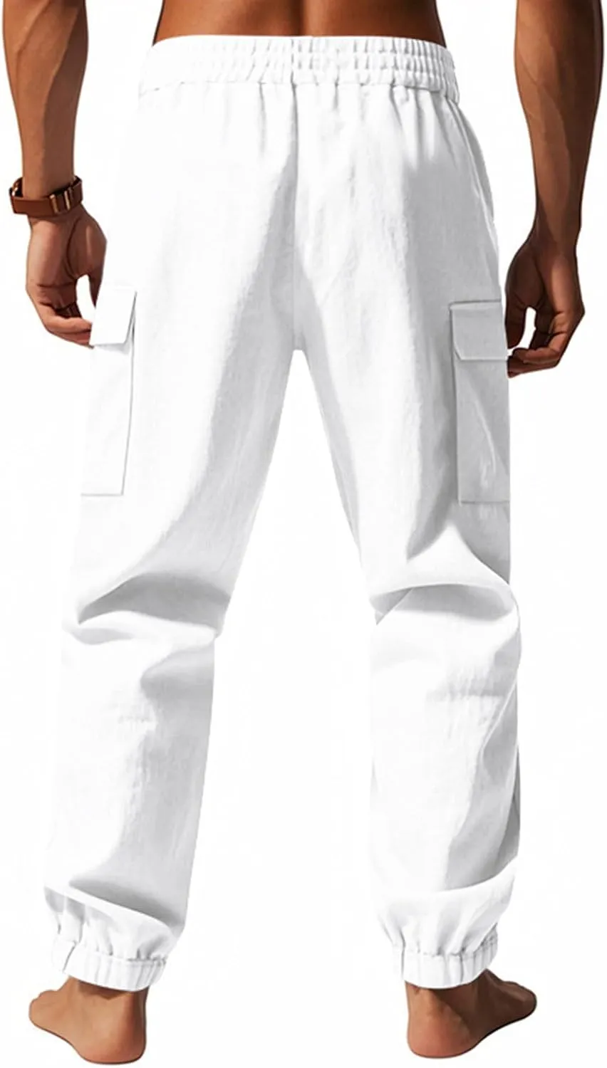 Sinzelimin Men's Linen Cargo Pants Fashion Solid Lace up Elastic Waist Multiple Pockets Wide Leg Sweatpant Versatile Trouser