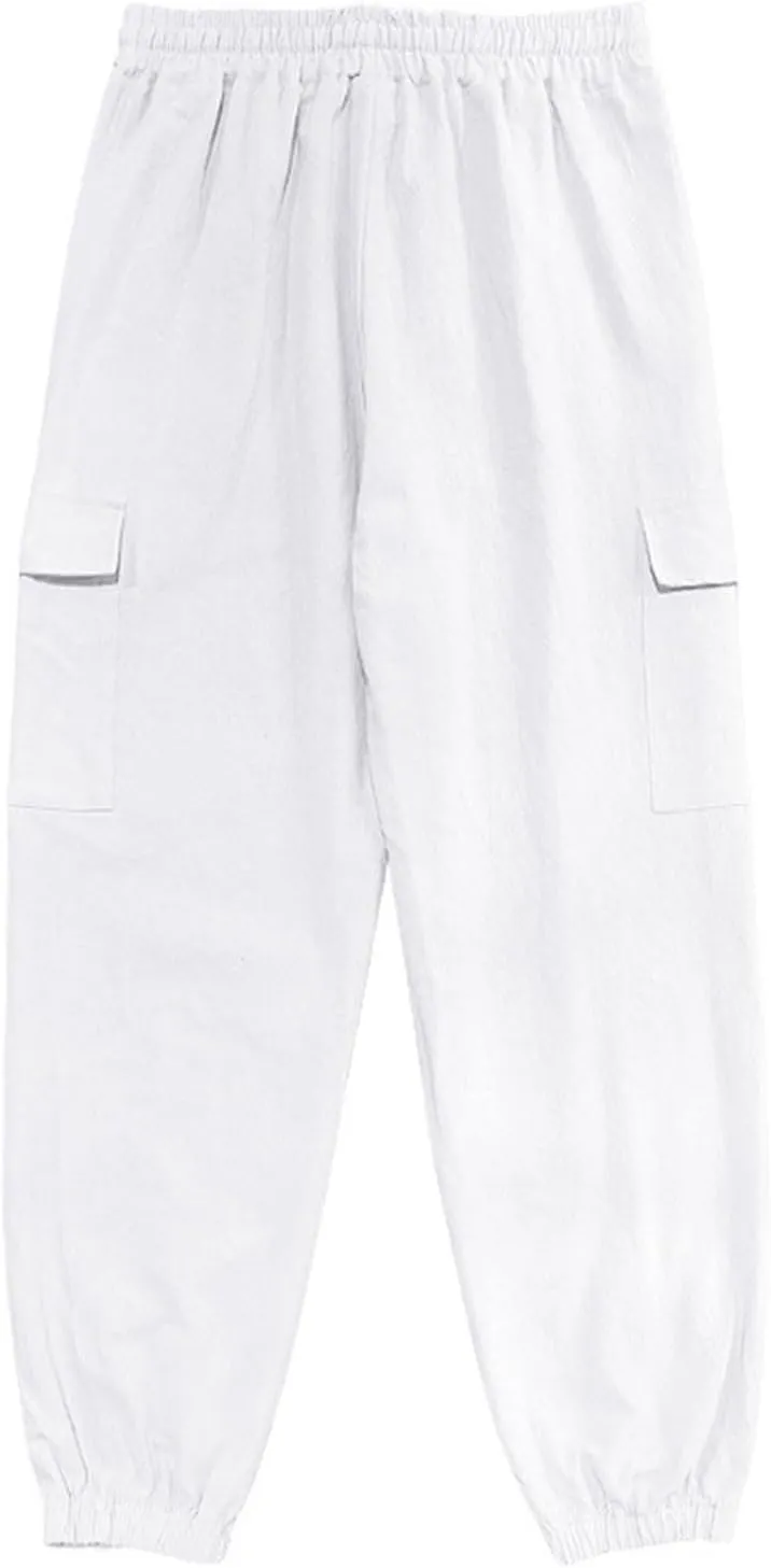 Sinzelimin Men's Linen Cargo Pants Fashion Solid Lace up Elastic Waist Multiple Pockets Wide Leg Sweatpant Versatile Trouser