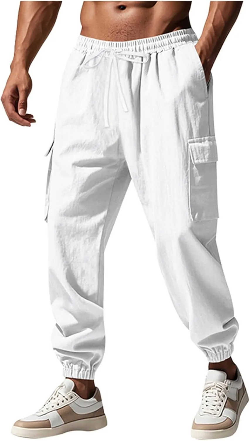 Sinzelimin Men's Linen Cargo Pants Fashion Solid Lace up Elastic Waist Multiple Pockets Wide Leg Sweatpant Versatile Trouser