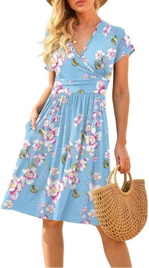 Spring Summer Dresses for Women Short Sleeve Wrap V-Neck Casual Swing Dress Floral Party Midi Dress with Pockets