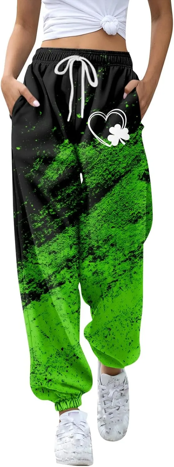 St. Patrick's Day Women Sweatpants Elastic Waist Scottish Loose Clover Breathable Printed Lounge Pants with Pockets