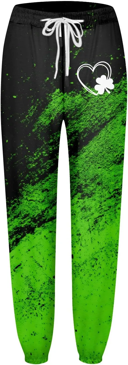 St. Patrick's Day Women Sweatpants Elastic Waist Scottish Loose Clover Breathable Printed Lounge Pants with Pockets