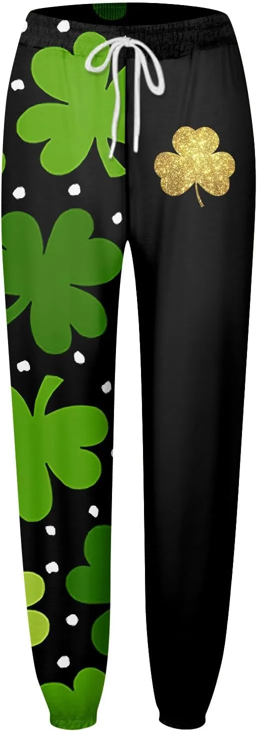 St Pattys Day Sweatpants Women Breathable Shamrock Clover Sport Lounge Printed Loose Pants with Pockets