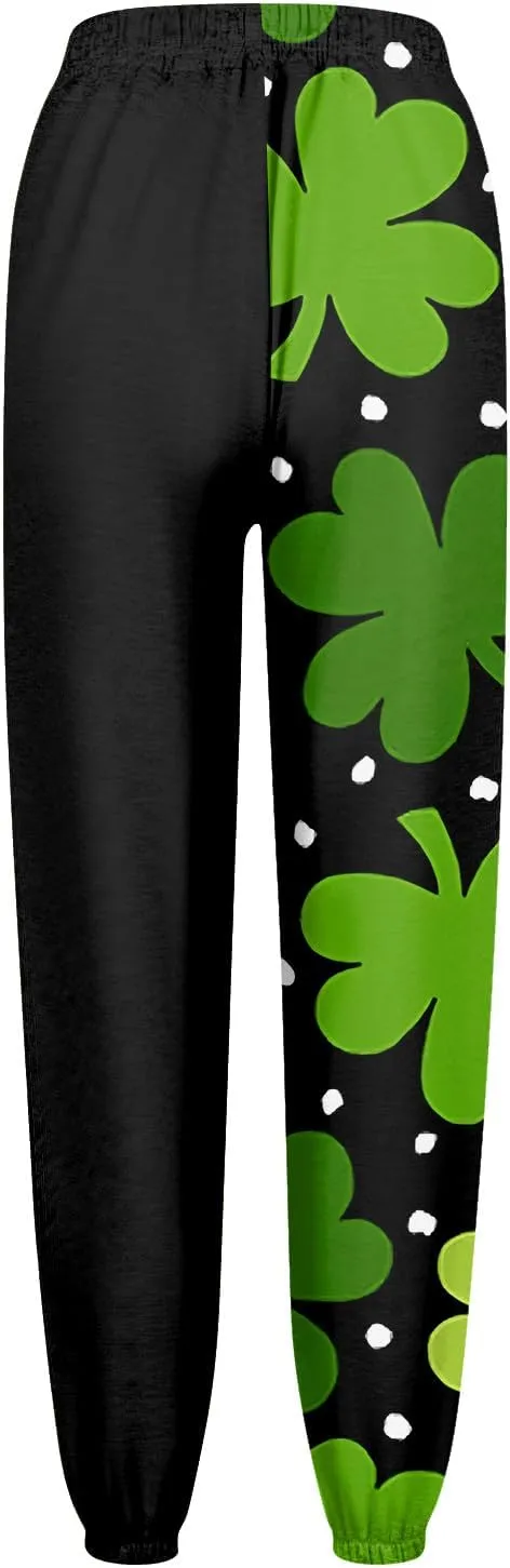 St Pattys Day Sweatpants Women Breathable Shamrock Clover Sport Lounge Printed Loose Pants with Pockets