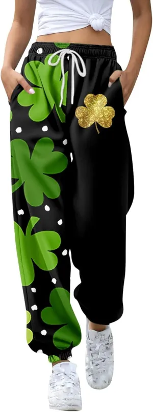 St Pattys Day Sweatpants Women Breathable Shamrock Clover Sport Lounge Printed Loose Pants with Pockets