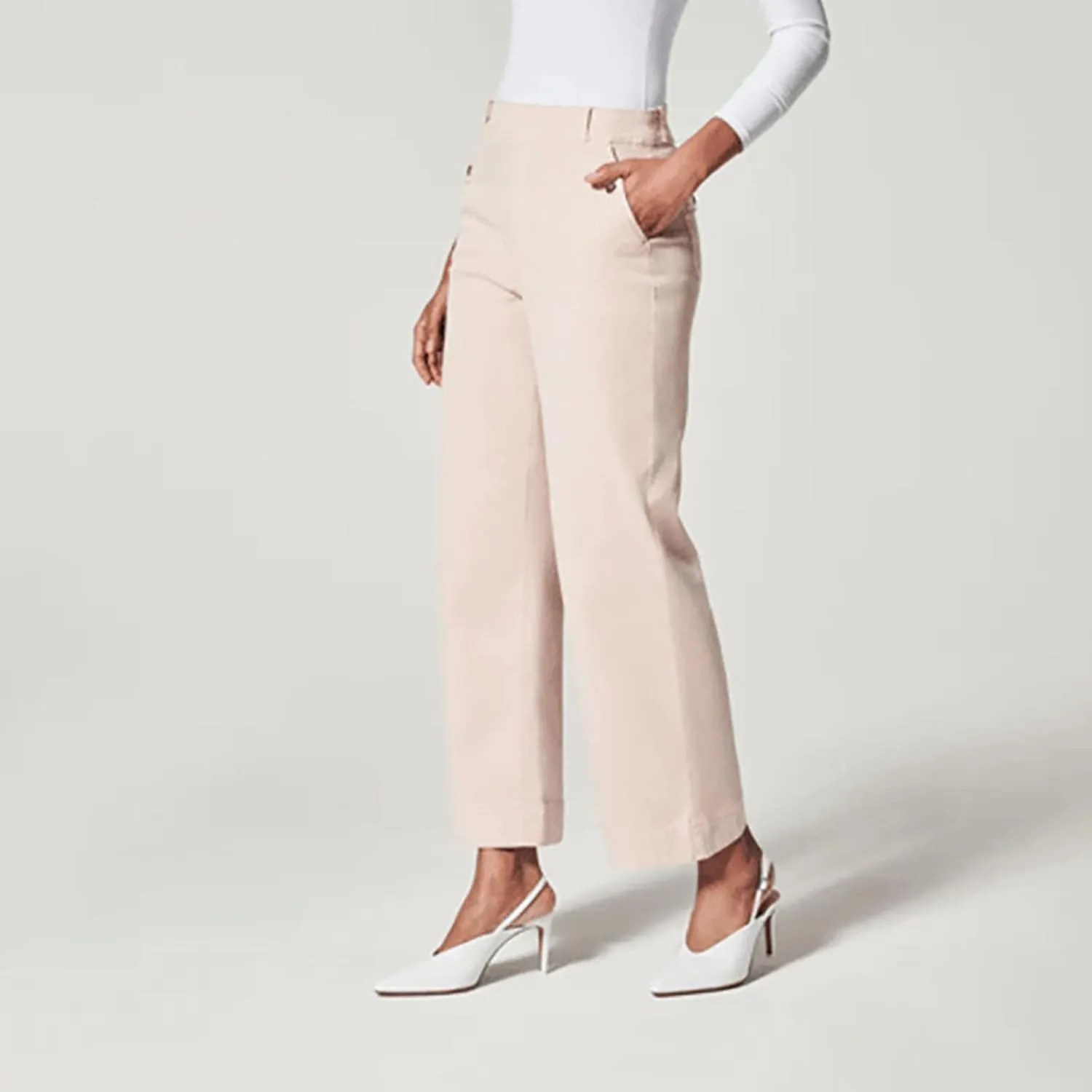 Stretch Twill Cropped Wide Leg Pant, High Waist Casual Wide Leg Pants Tummy Control with Pockets for Women