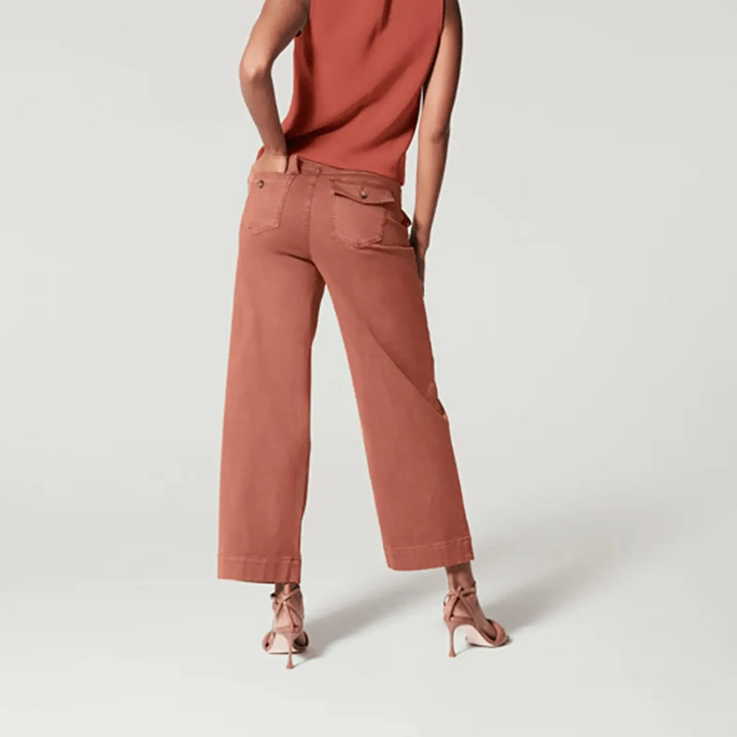 Stretch Twill Cropped Wide Leg Pant, High Waist Casual Wide Leg Pants Tummy Control with Pockets for Women