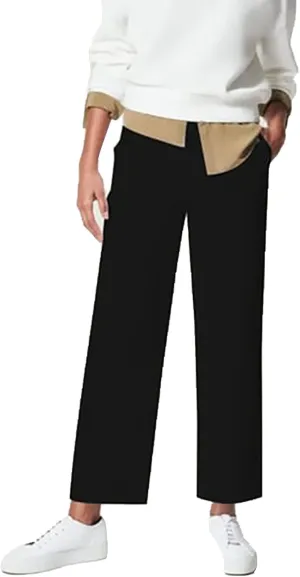 Stretch Twill Cropped Wide Leg Pant, High Waist Casual Wide Leg Pants Tummy Control with Pockets for Women