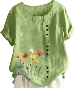 Summer Boho Floral Tops Women Casual Short Sleeve Shirts Button Boat Neck Vintage Tees Loose Dressy Blouses