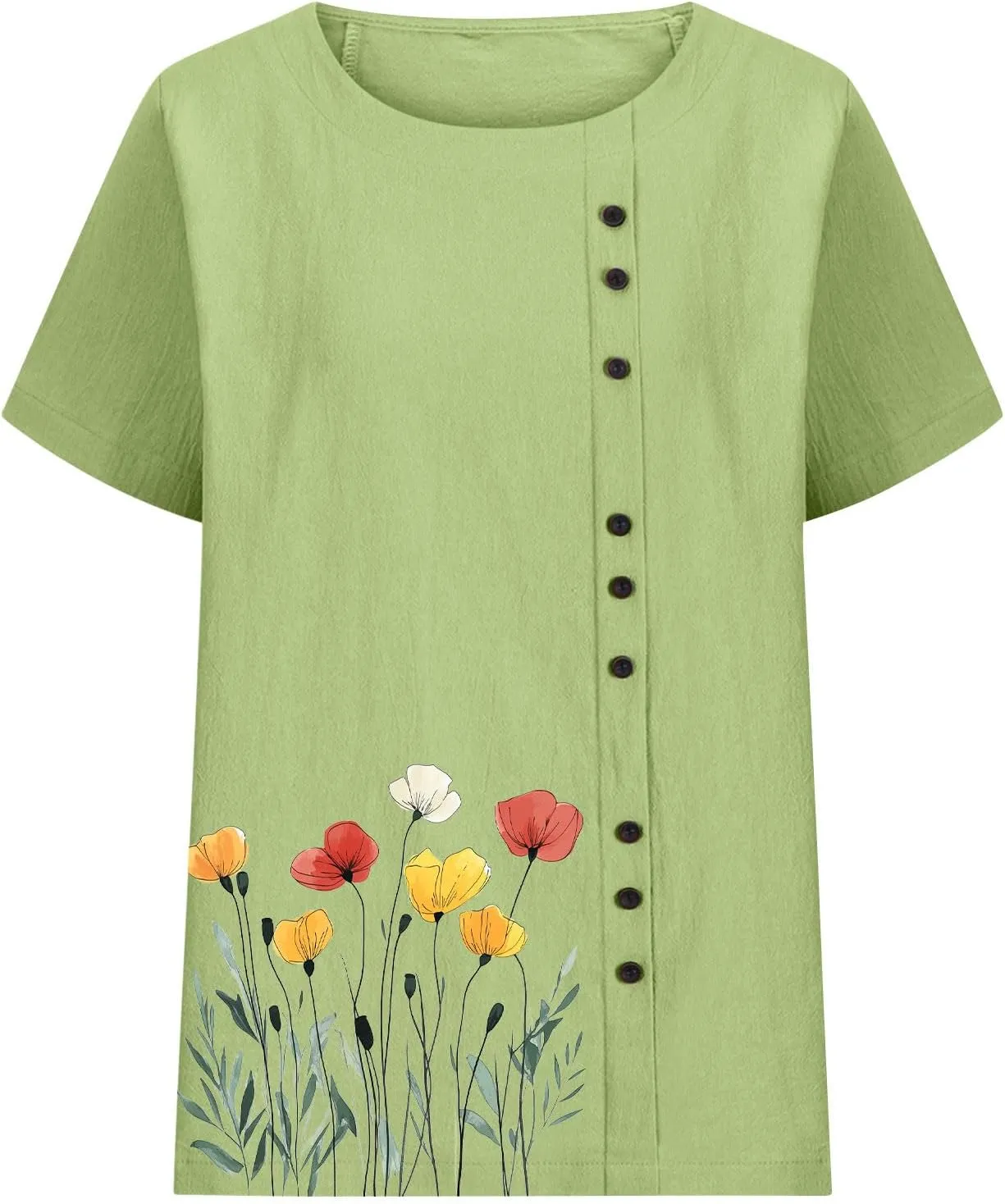 Summer Boho Floral Tops Women Casual Short Sleeve Shirts Button Boat Neck Vintage Tees Loose Dressy Blouses