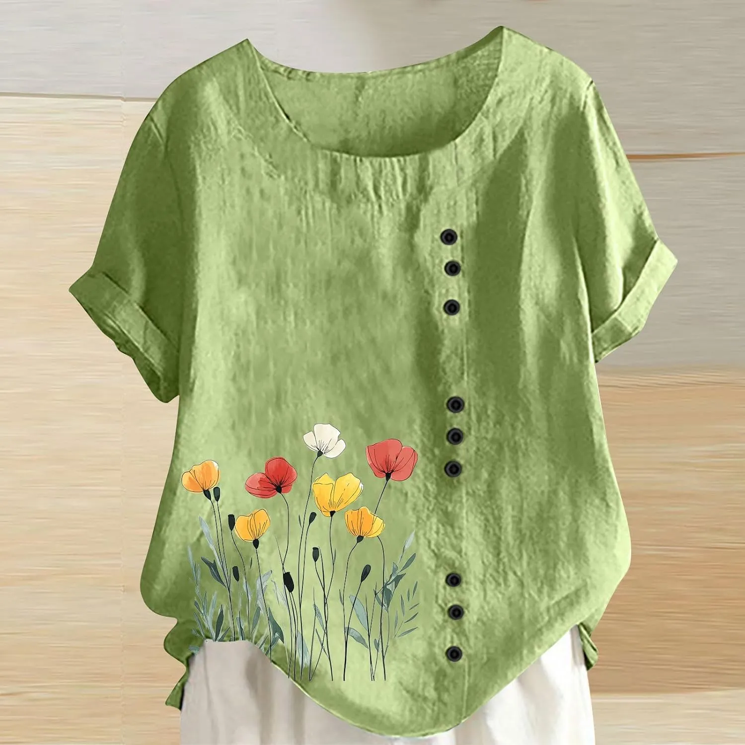 Summer Boho Floral Tops Women Casual Short Sleeve Shirts Button Boat Neck Vintage Tees Loose Dressy Blouses