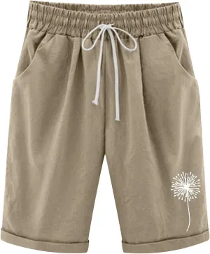 Summer Knee Length Shorts for Women Cotton Linen Bermuda Shorts Elastic Waist Workout Shorts Loose Beach Shorts, Blue