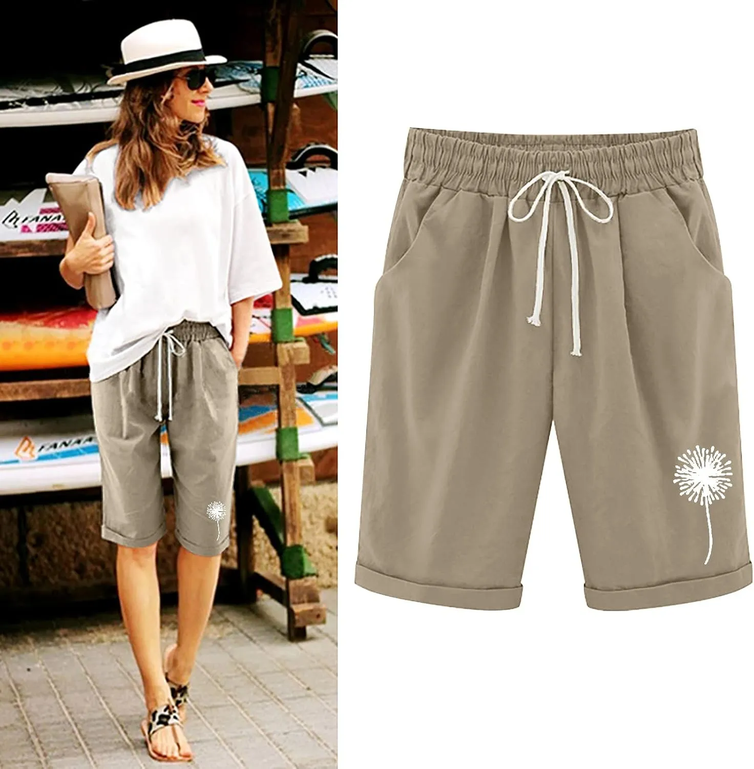 Summer Knee Length Shorts for Women Cotton Linen Bermuda Shorts Elastic Waist Workout Shorts Loose Beach Shorts, Blue
