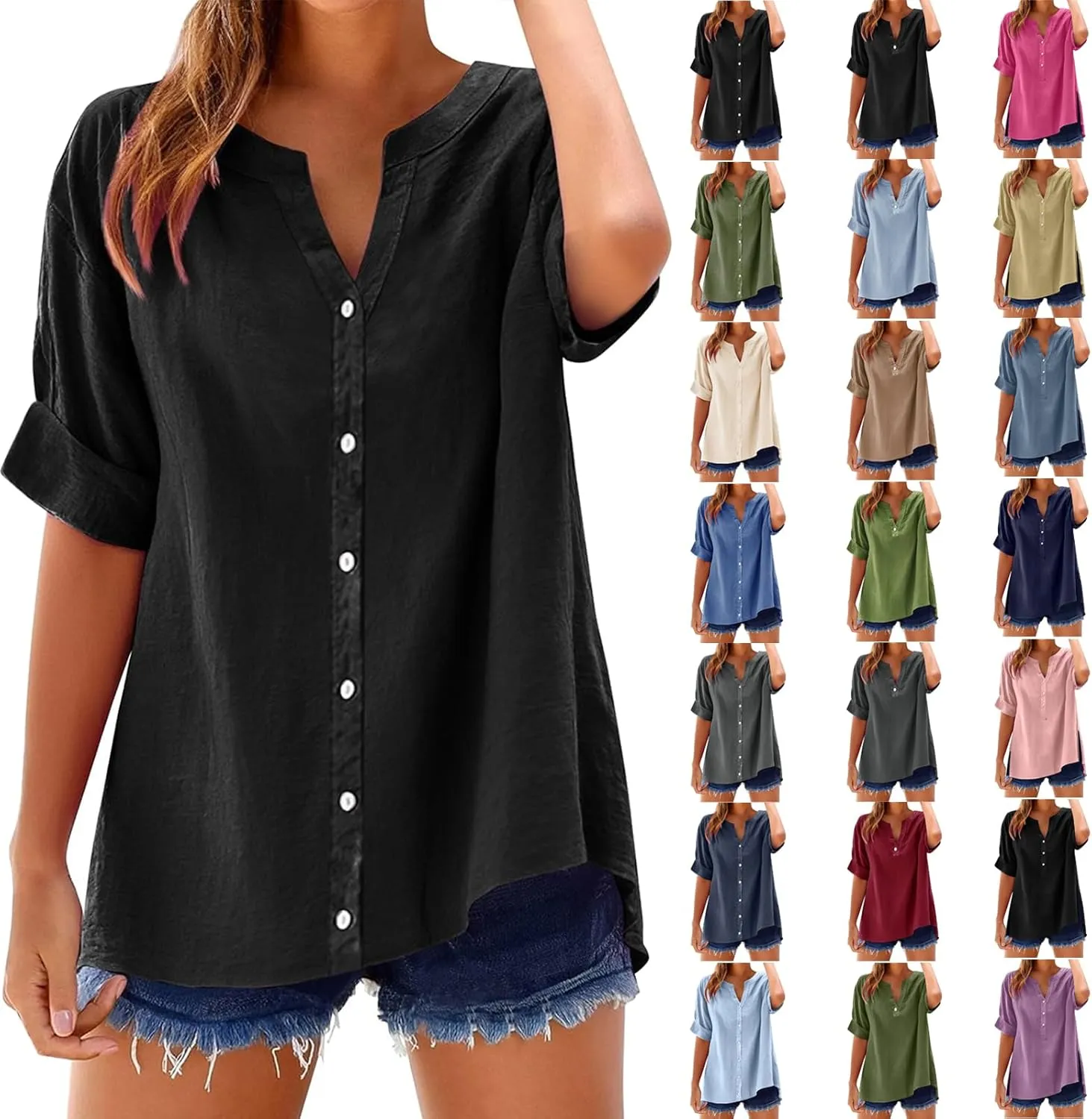 Summer Tops for Women 2025 Trendy Linen Button Down Shirts Casual V Neck T Shirts Loose Short Sleeve Blouses