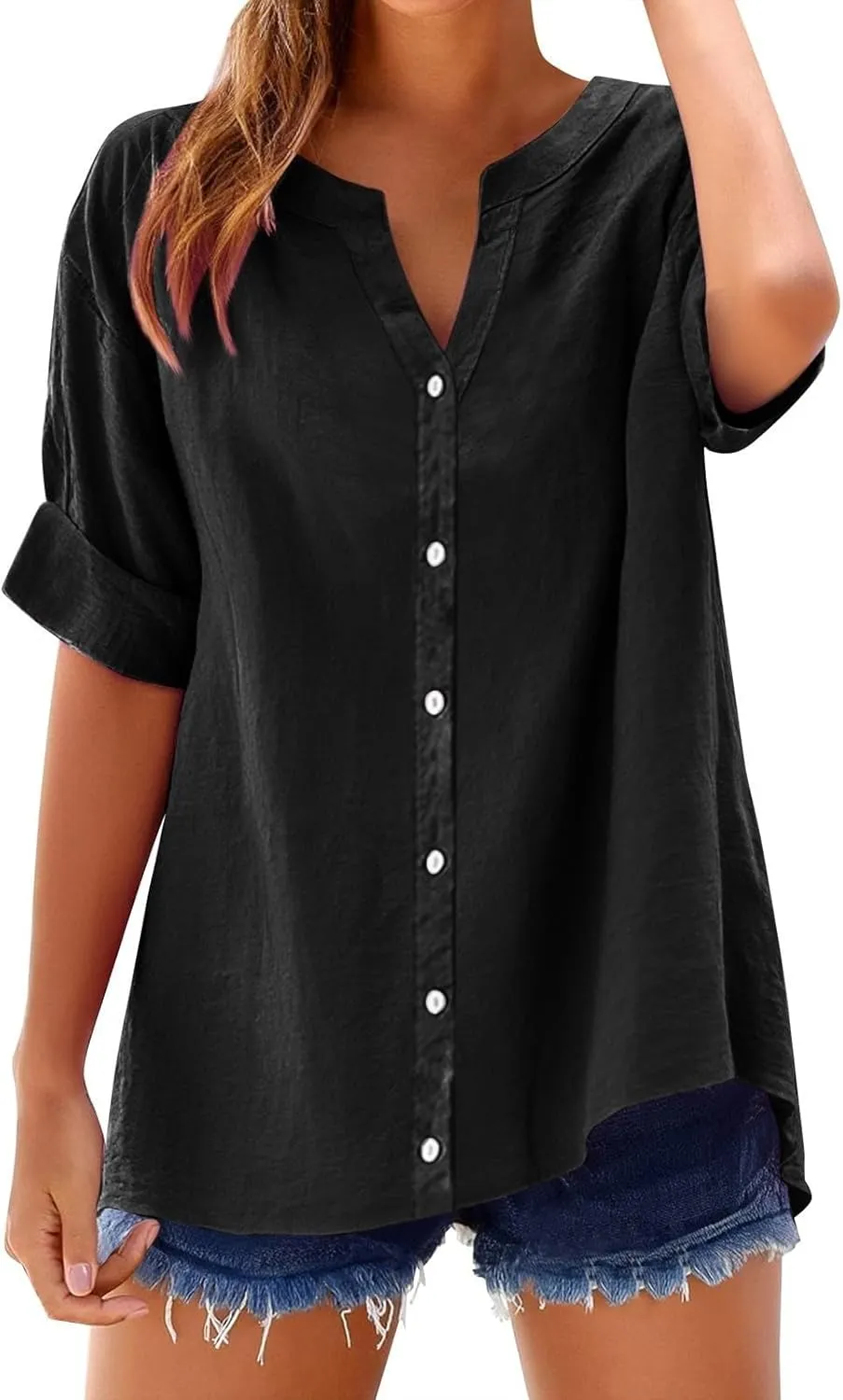 Summer Tops for Women 2025 Trendy Linen Button Down Shirts Casual V Neck T Shirts Loose Short Sleeve Blouses