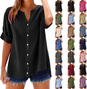 Summer Tops for Women 2025 Trendy Linen Button Down Shirts Casual V Neck T Shirts Loose Short Sleeve Blouses
