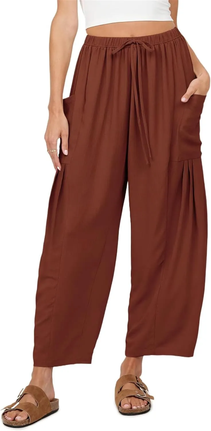 Summer Womens Capri Pants Loose Boho Wide Leg Cropped Pants Casual High Waist Drawstring Palazzo Pant with Pockets