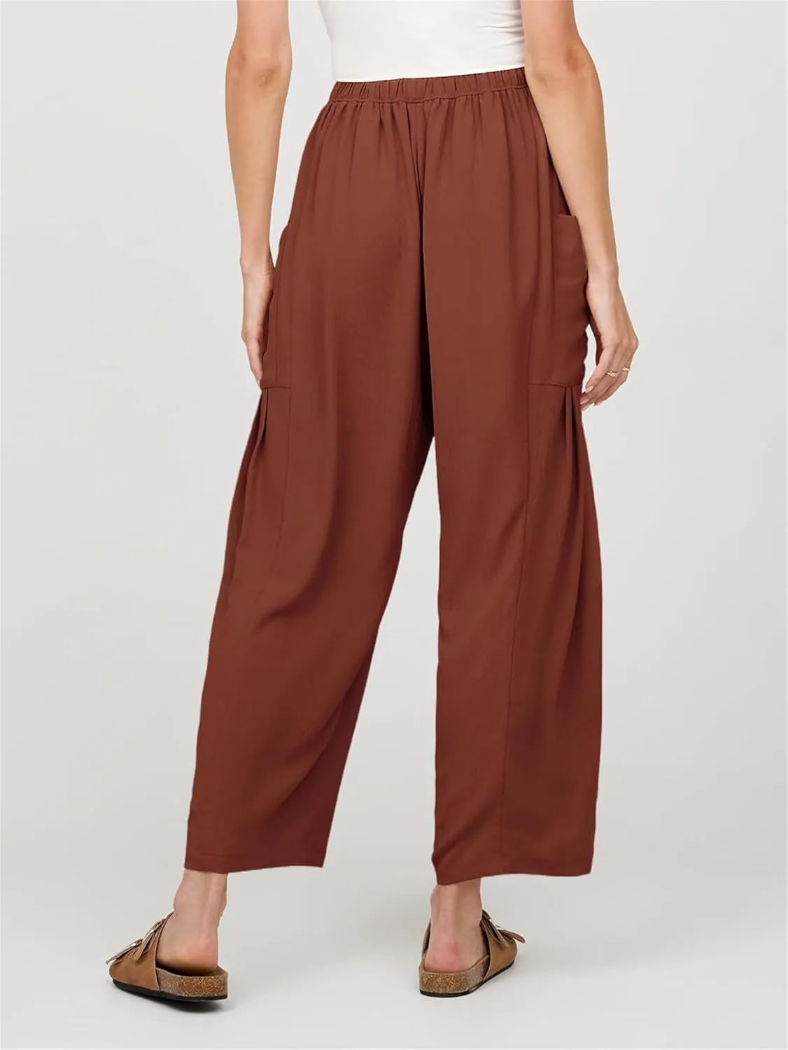 Summer Womens Capri Pants Loose Boho Wide Leg Cropped Pants Casual High Waist Drawstring Palazzo Pant with Pockets