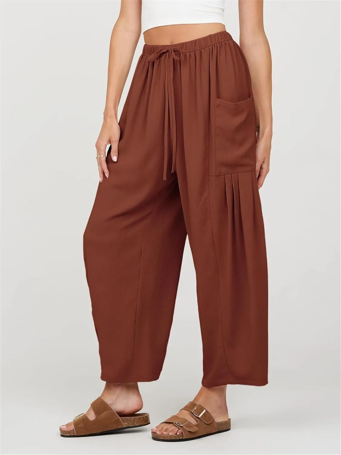 Summer Womens Capri Pants Loose Boho Wide Leg Cropped Pants Casual High Waist Drawstring Palazzo Pant with Pockets