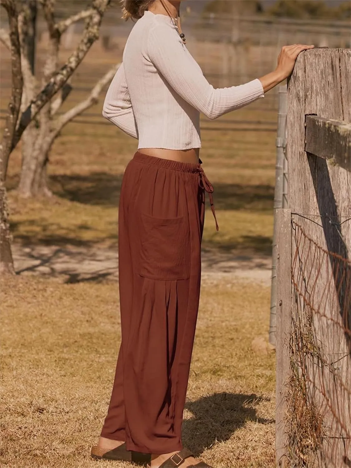 Summer Womens Capri Pants Loose Boho Wide Leg Cropped Pants Casual High Waist Drawstring Palazzo Pant with Pockets