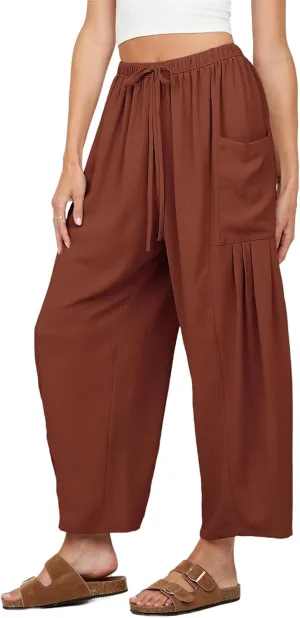 Summer Womens Capri Pants Loose Boho Wide Leg Cropped Pants Casual High Waist Drawstring Palazzo Pant with Pockets
