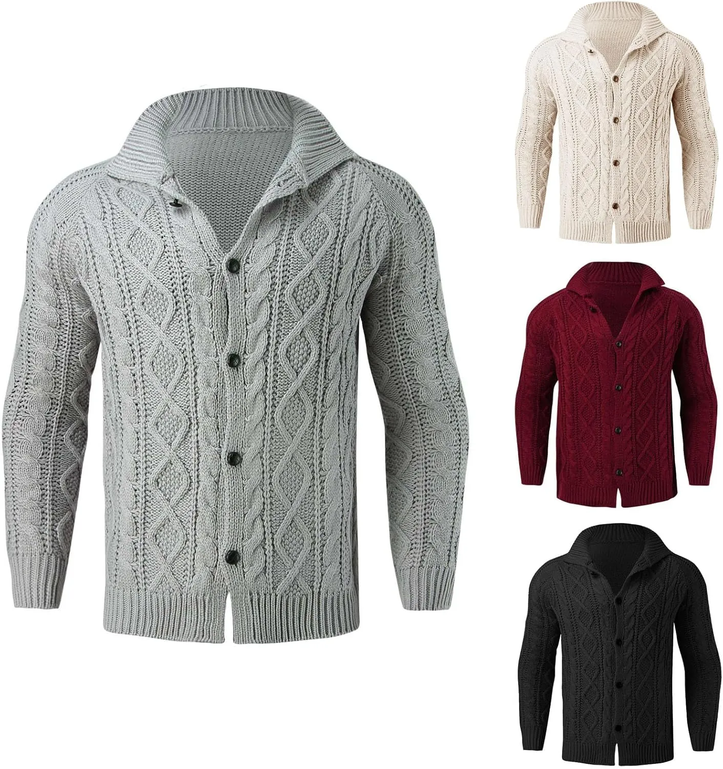 SUWBMHWE Mens Cable Knit Cardigan Sweater Shawl Collar Loose Fit Long Sleeve Button Closure Casual Cardigans