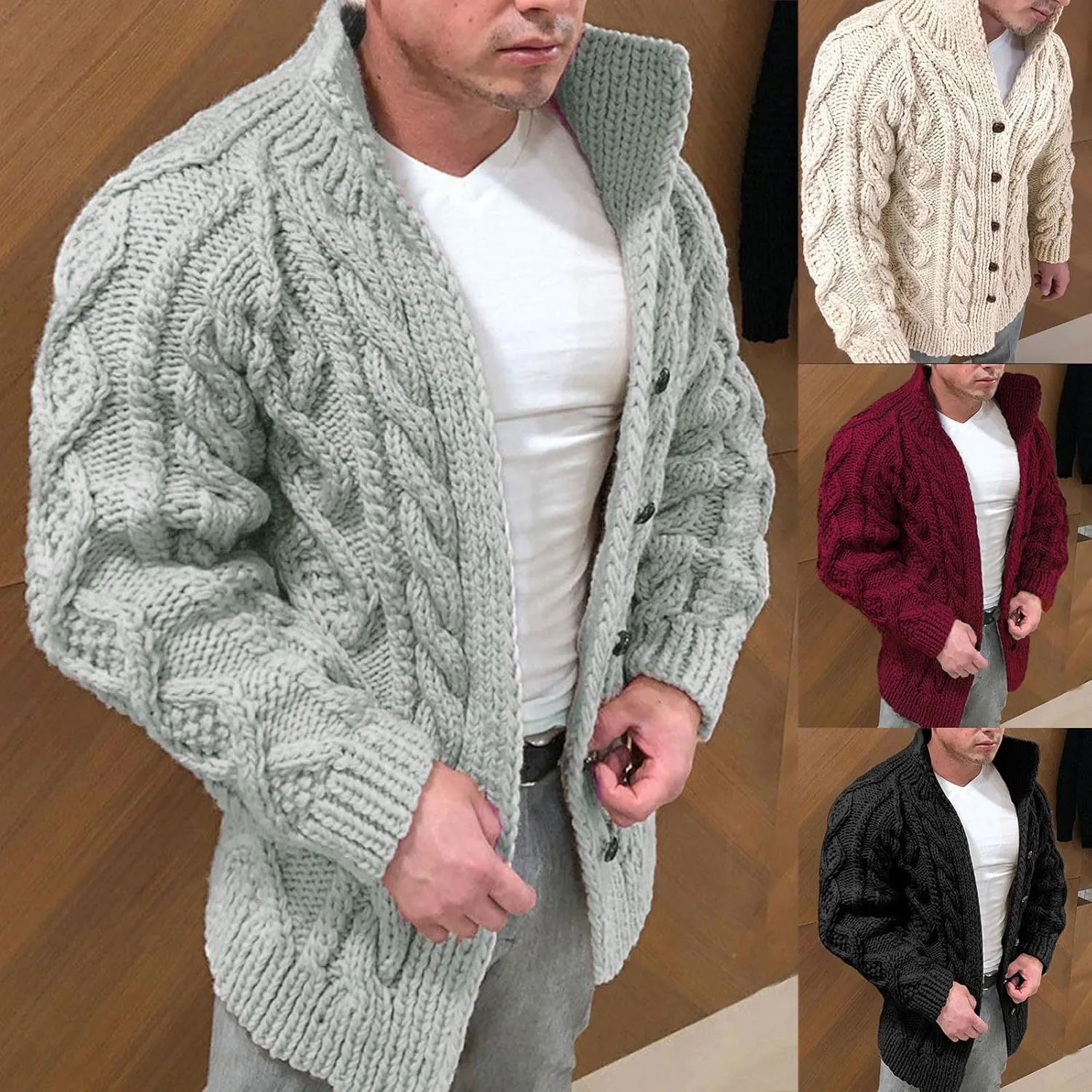 SUWBMHWE Mens Cable Knit Cardigan Sweater Shawl Collar Loose Fit Long Sleeve Button Closure Casual Cardigans