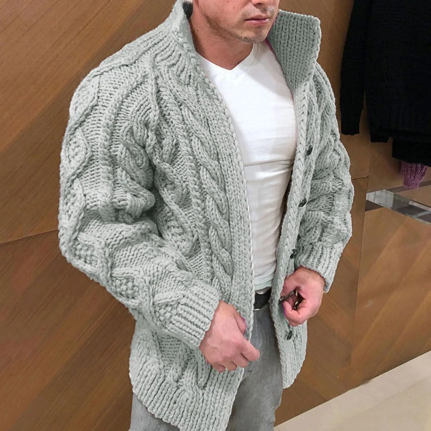 SUWBMHWE Mens Cable Knit Cardigan Sweater Shawl Collar Loose Fit Long Sleeve Button Closure Casual Cardigans