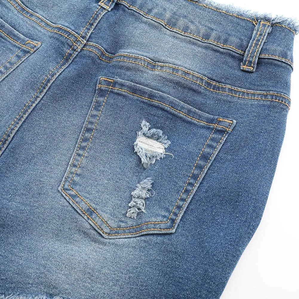 THUNDER STAR Ripped Jean Shorts for Women Mid Rise Frayed Raw Hem Stretchy Denim Shorts
