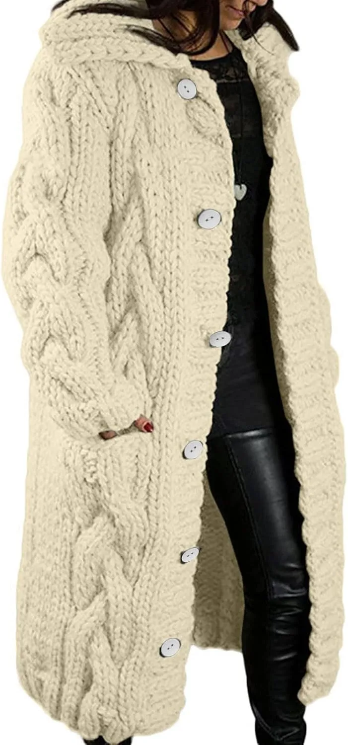TIMIFIS Plus Size Cardigan Sweaters for Women Winter Knitted Long Coats Casual Buttons Jackets Solid Overcoat with Pocket