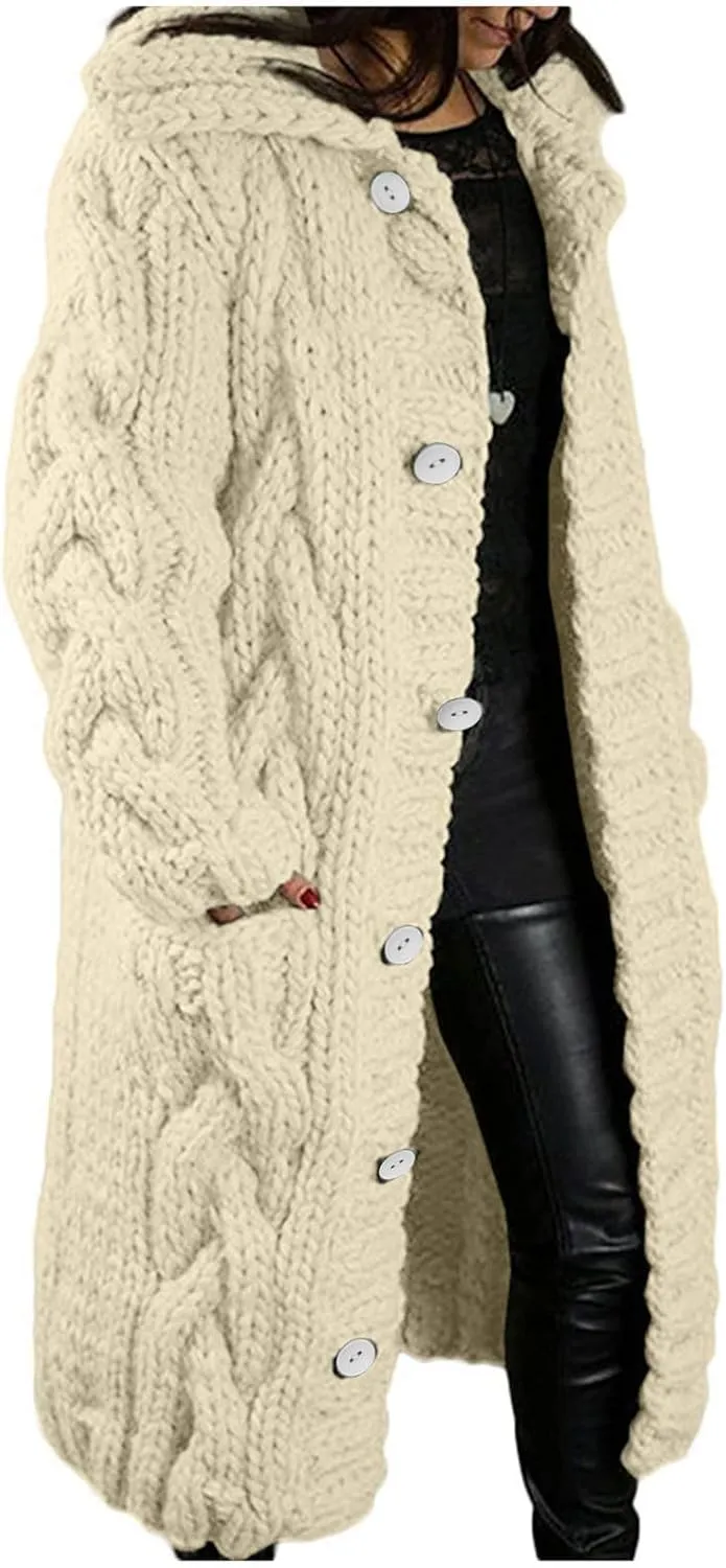 TIMIFIS Plus Size Cardigan Sweaters for Women Winter Knitted Long Coats Casual Buttons Jackets Solid Overcoat with Pocket