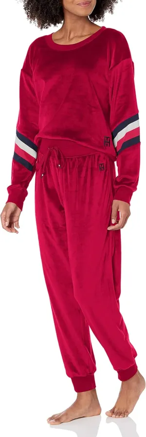 Tommy Hilfiger Women's Logo Sleeve Velour Pullover Cuffed Bottom Pants Pajamas Set Pj